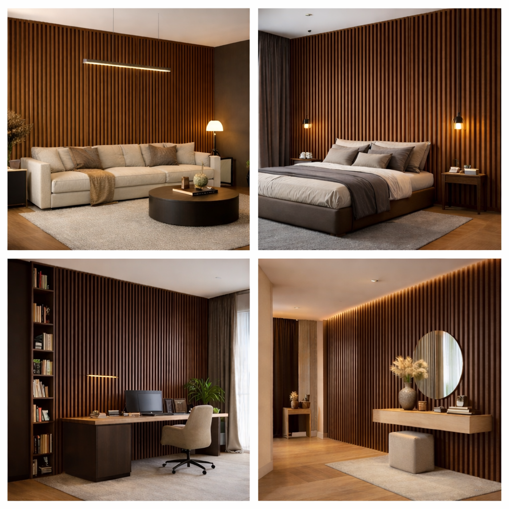 Collage of a modern living room, bedroom, home office, and dressing area with wooden paneling.