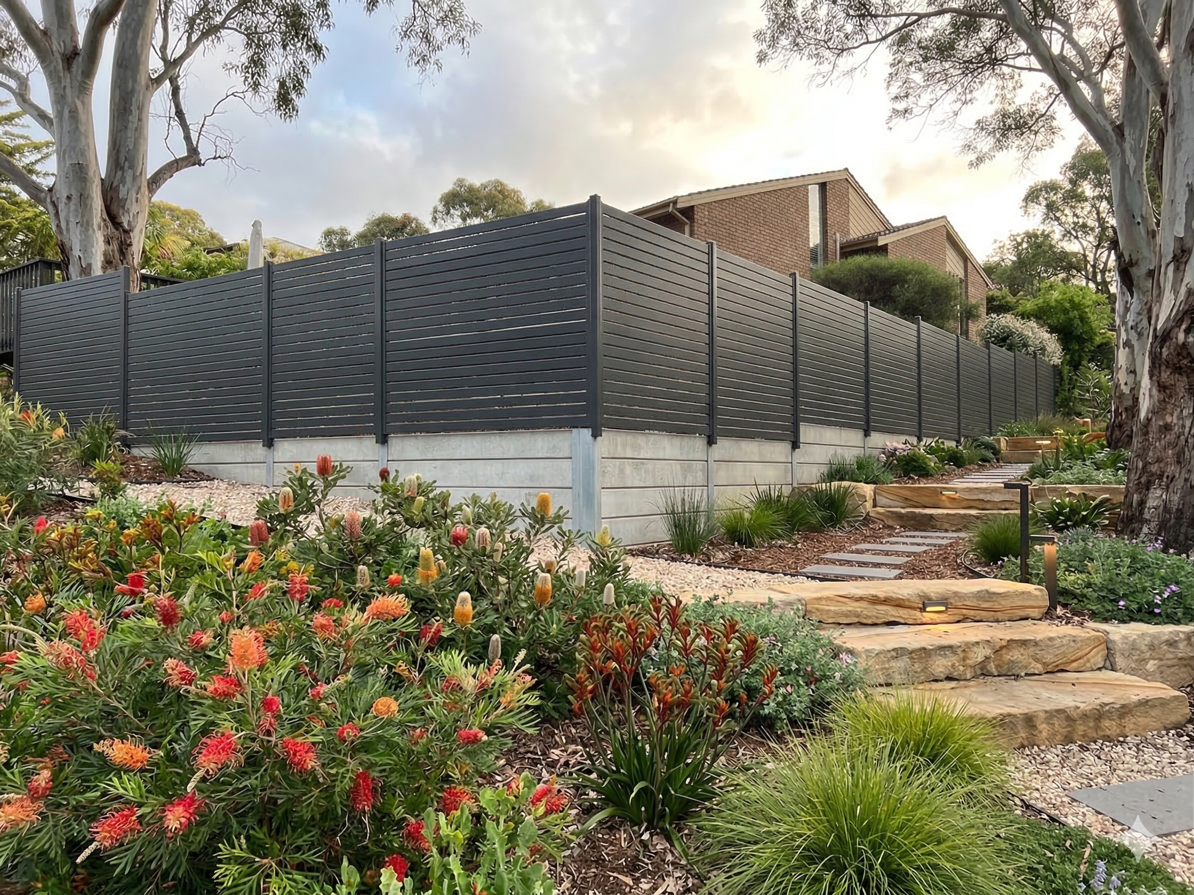 Garden with flowers and steps leading to a house with a fence