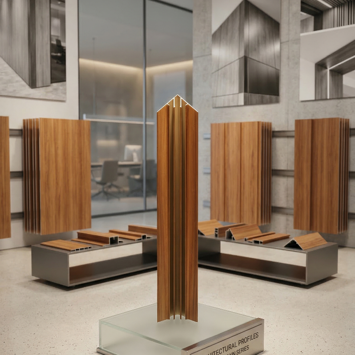 Wooden architectural model display with 'Architectural Profiles' branding in a modern interior setting.