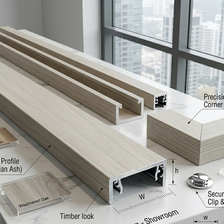 Wooden architectural F-channel system components on a marble surface with a cityscape view.