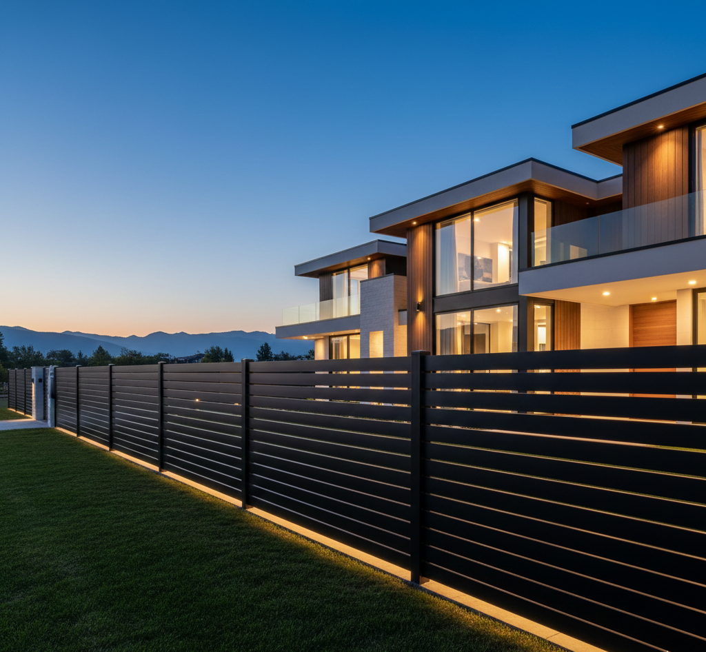 Modern house with a Aluminum Slat Fence at dusk