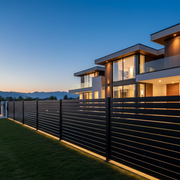 Modern house with a Aluminum Slat Fence at dusk