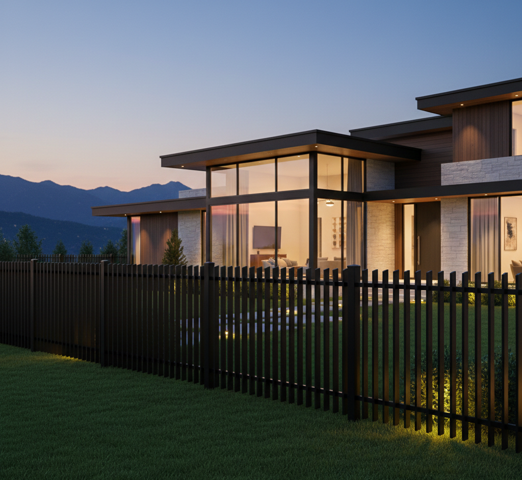 Modern house with large windows at dusk, surrounded by a blade fence and mountains in the background.