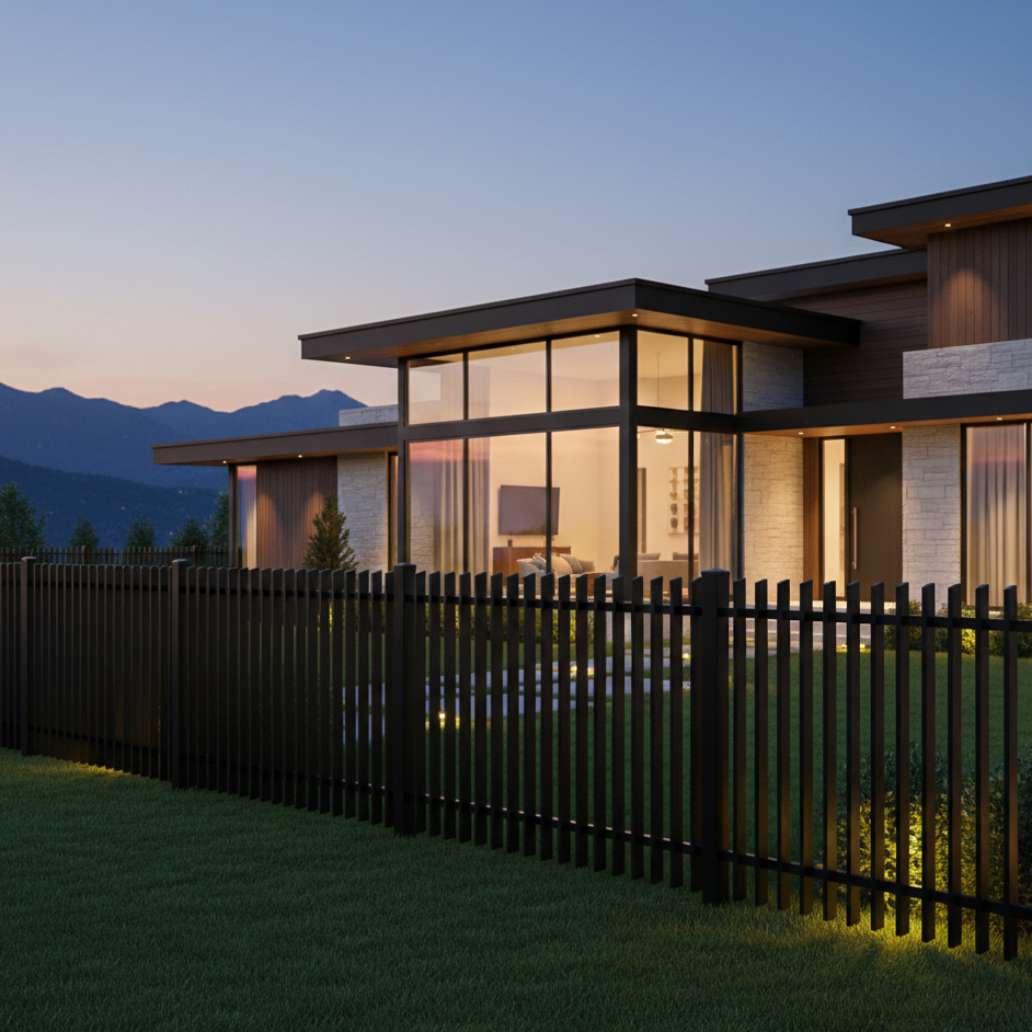 Modern house with large windows at dusk, surrounded by a blade fence and mountains in the background.
