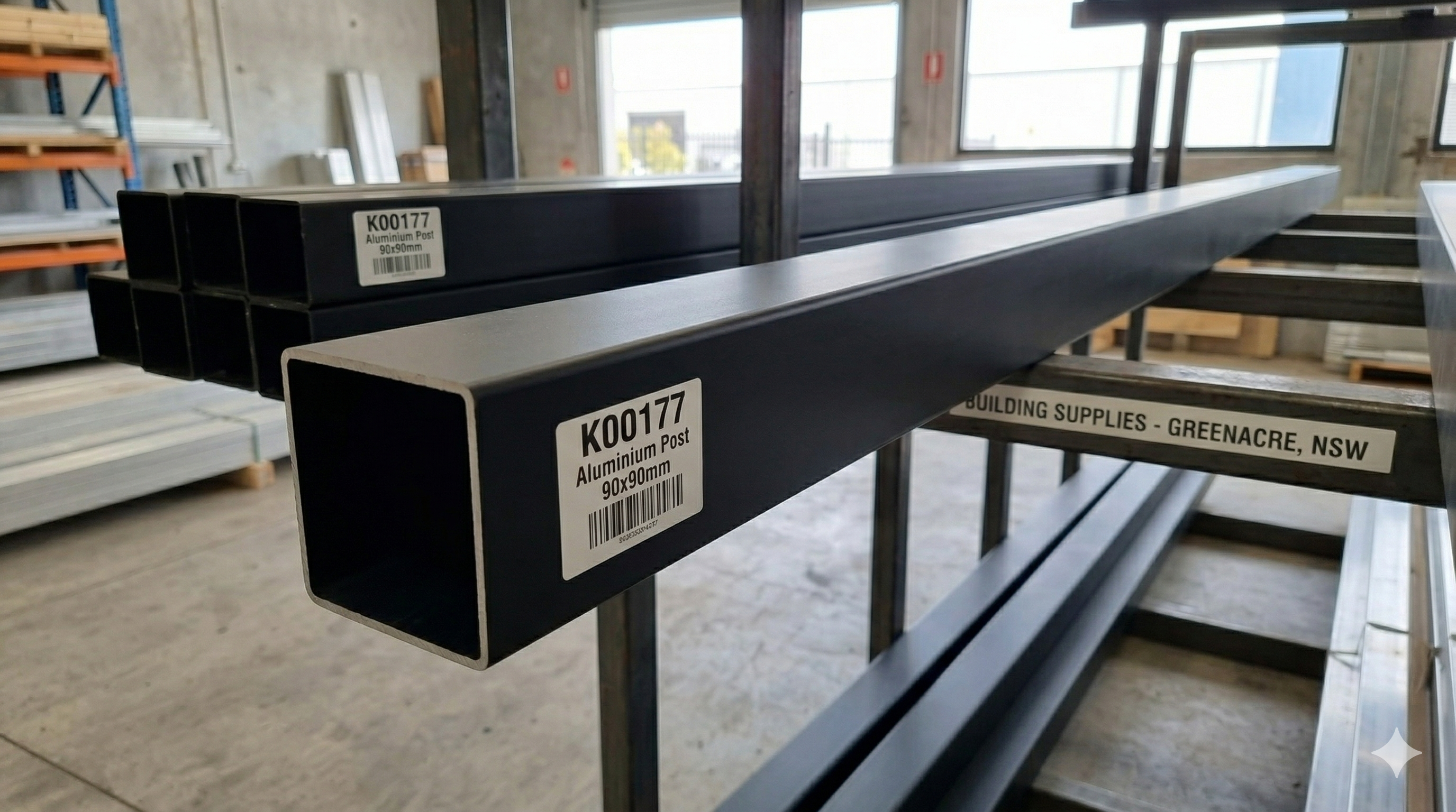 Metal profiles with labels on a workshop floor
