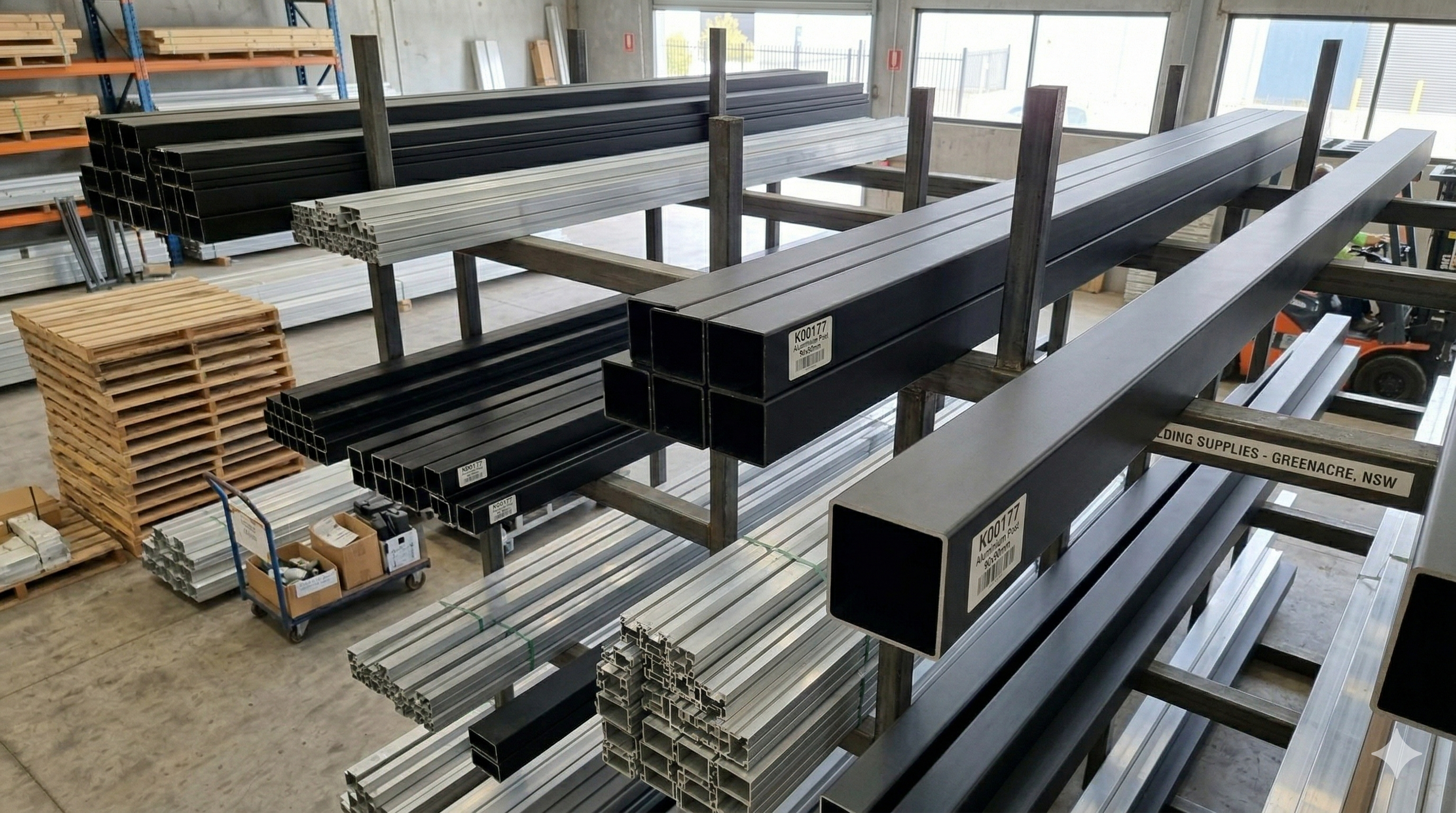 Stacks of metal beams and structures in a warehouse setting