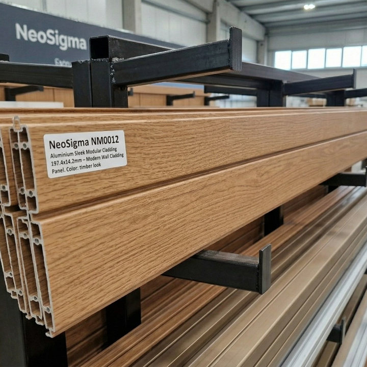 Wooden panels on pallets with NeoSigma branding in a warehouse setting