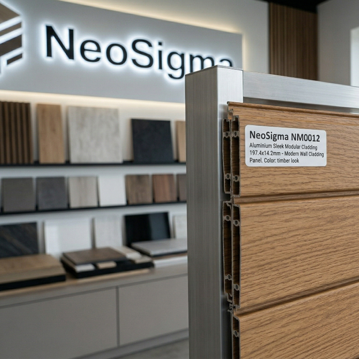 Wooden panel with NeoSigma branding in a showroom setting