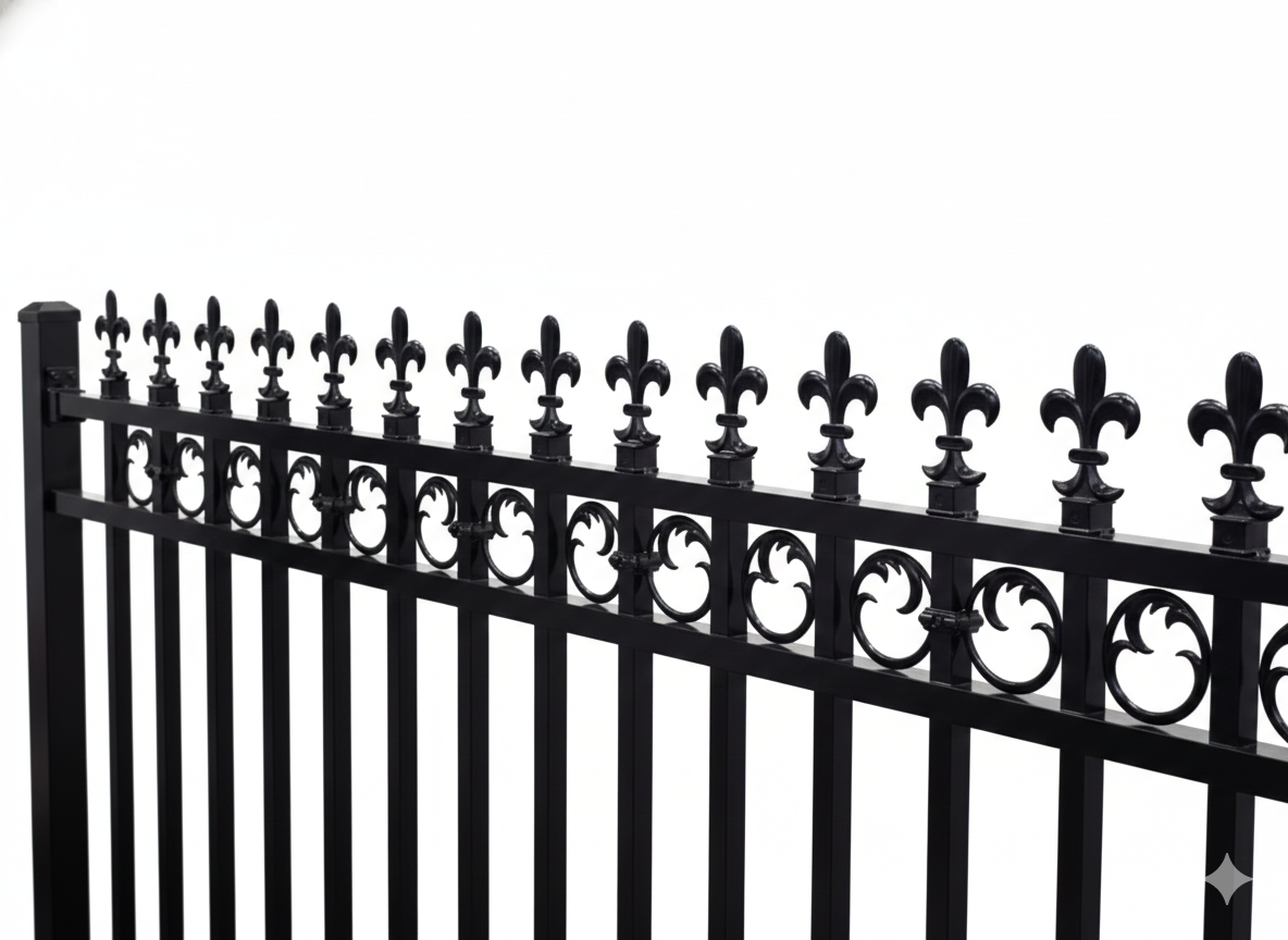 Black metal fence with decorative top rail on a white background