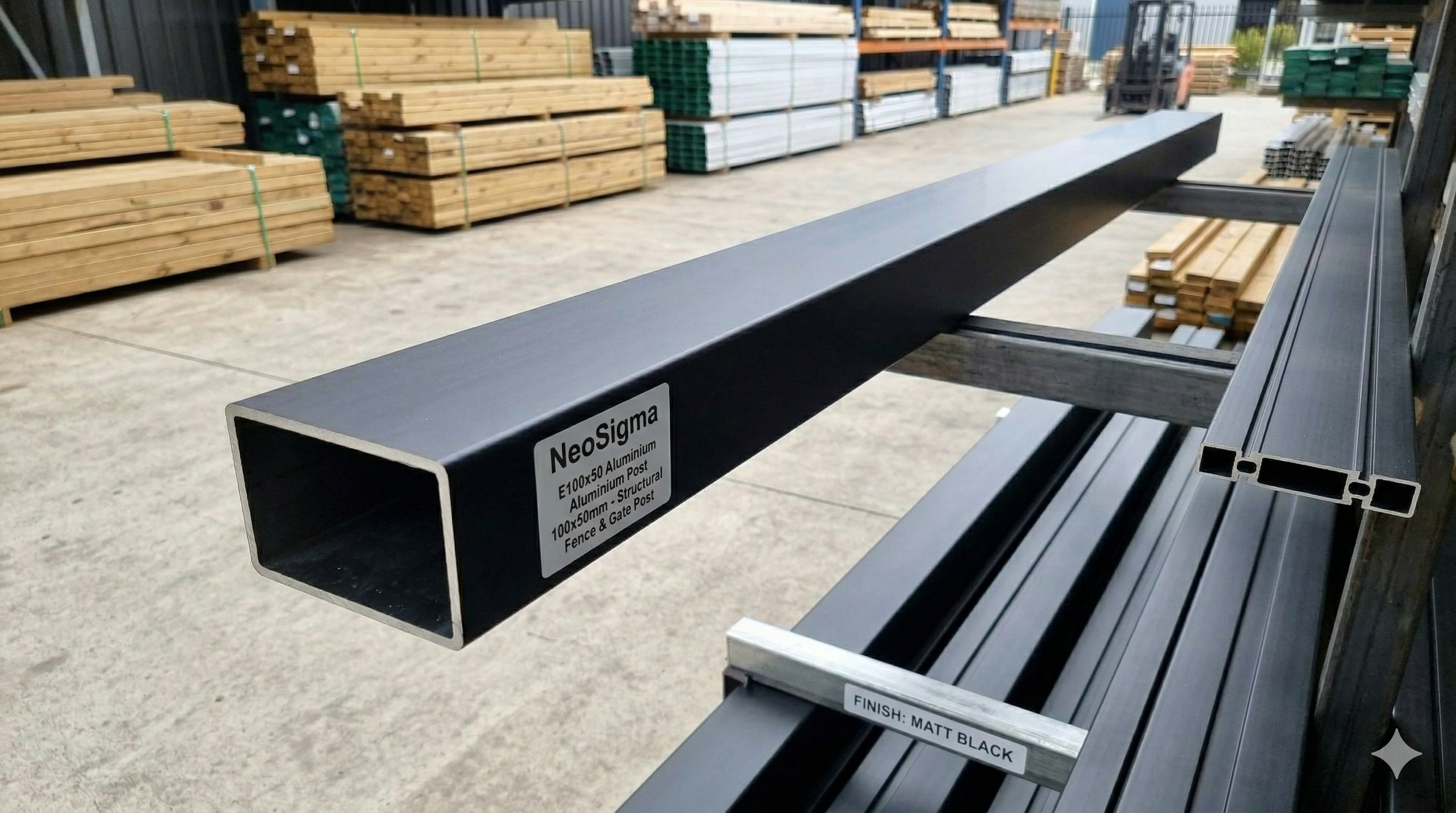 Metal rectangular profile with 'NeoSigns' branding in an outdoor storage area.