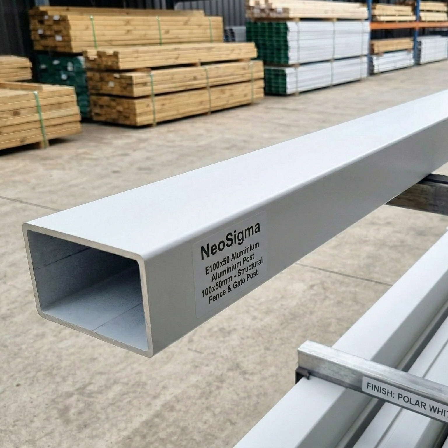 Metallic rectangular profile with 'NeoSigma' branding on a construction site.