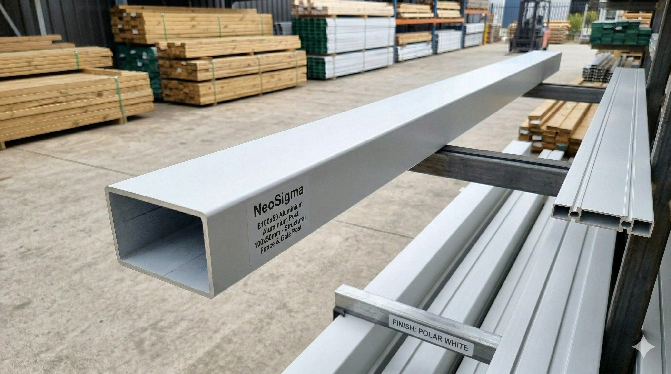 Metallic rectangular profile with 'NeoSigma' branding on a construction site.