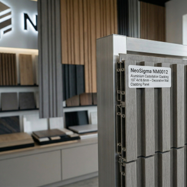 Metallic panel with a label in an indoor setting, possibly a showroom.