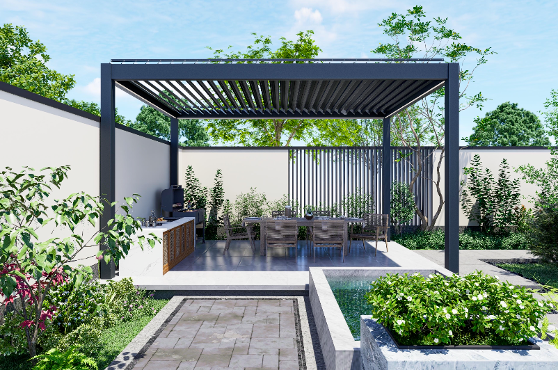 Outdoor patio area with pergola, table, chairs, and garden features.