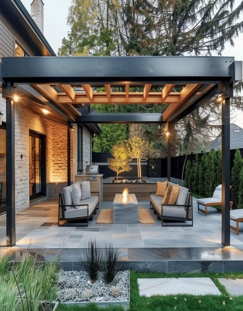 Modern outdoor patio with pergola, seating area, and fire pit.
