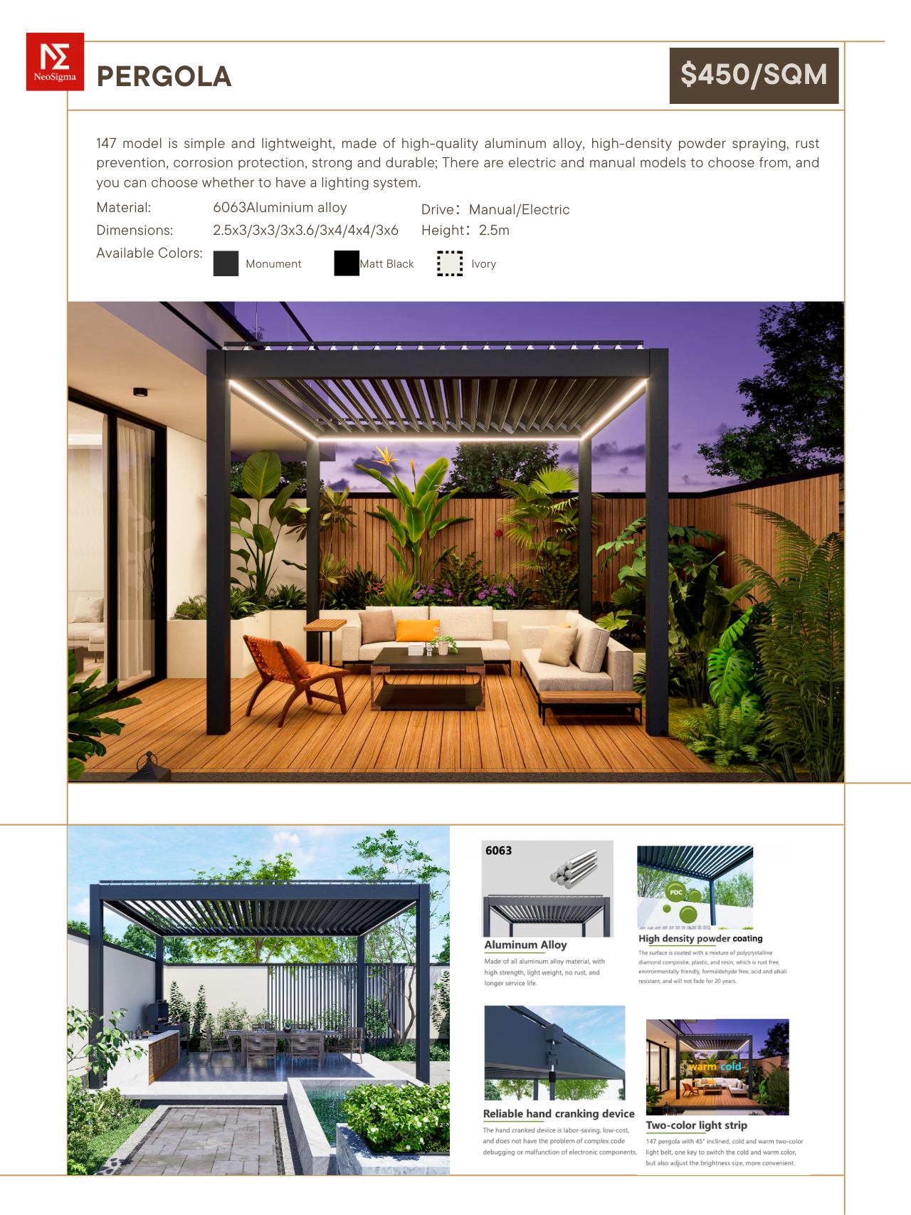 Pergola product page with images of a pergola in an outdoor setting and pricing information.