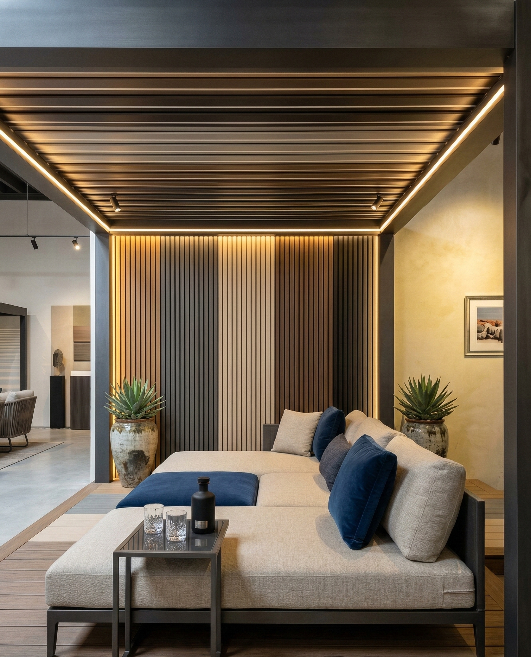 Modern living room with a sectional sofa, coffee table, and decorative elements.
