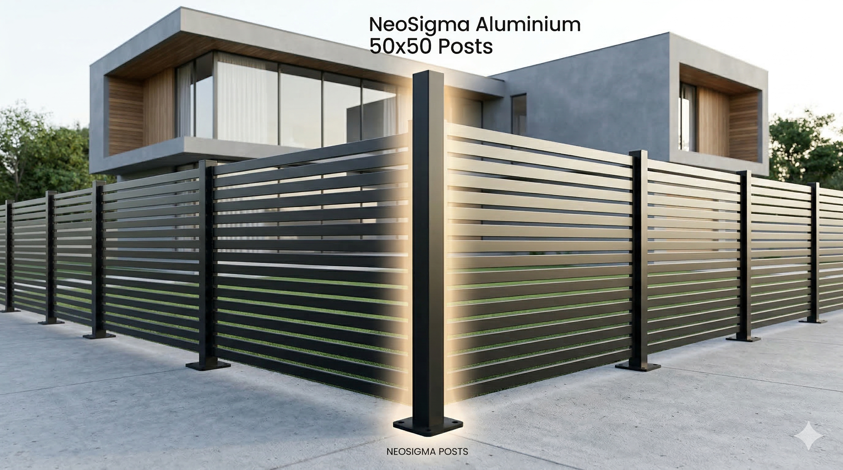 Neosigma Aluminium 50x50 Posts with modern house in the background