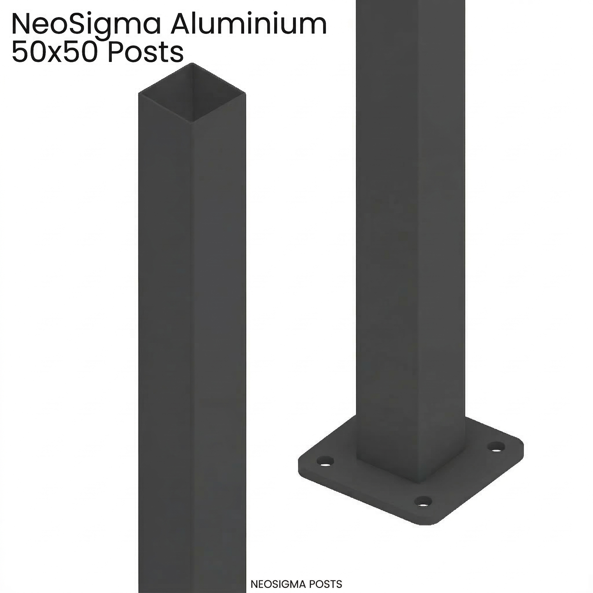 Black aluminium 50x50 posts with NeoSigma branding on a white background