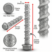 6 x 50mm Galvanised Concrete Screw Bolts (100 pack)