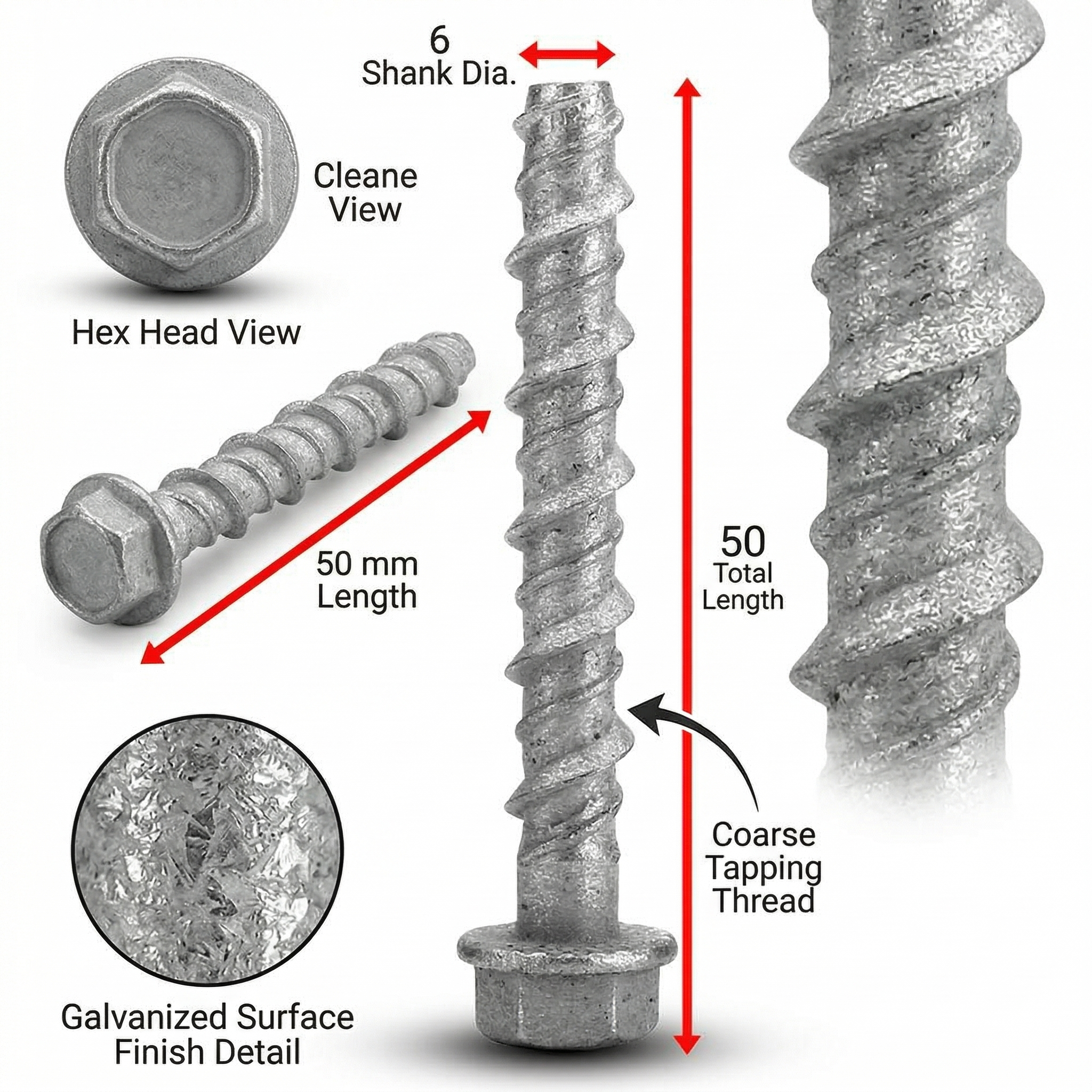 6 x 50mm Galvanised Concrete Screw Bolts (100 pack)