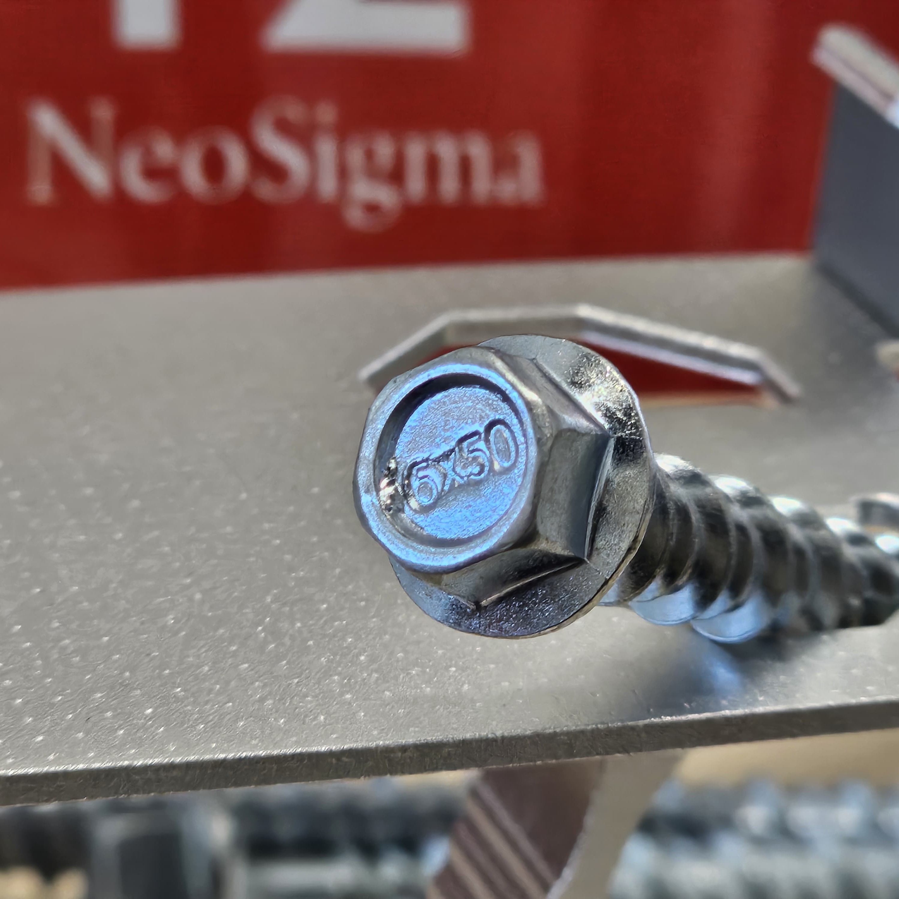 Metal bolt on a metallic surface with 'NeoSigma' branding in the background