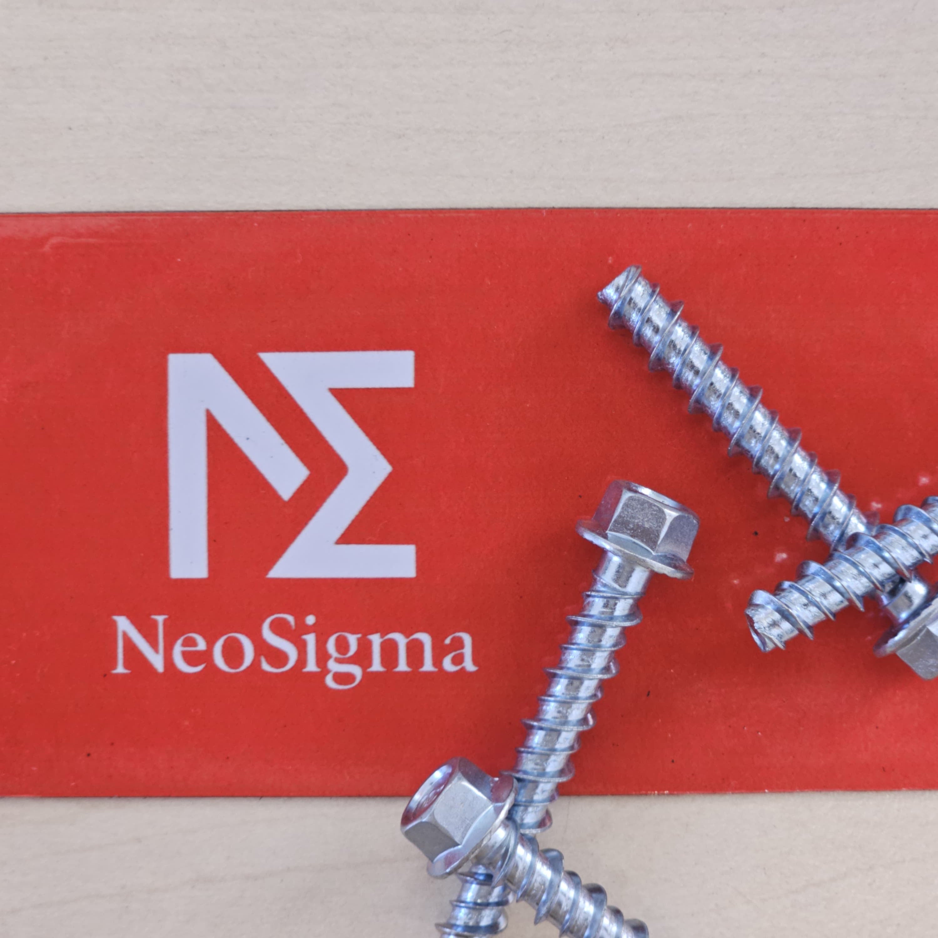 Metal screws on a red surface with 'Neosingma' branding.