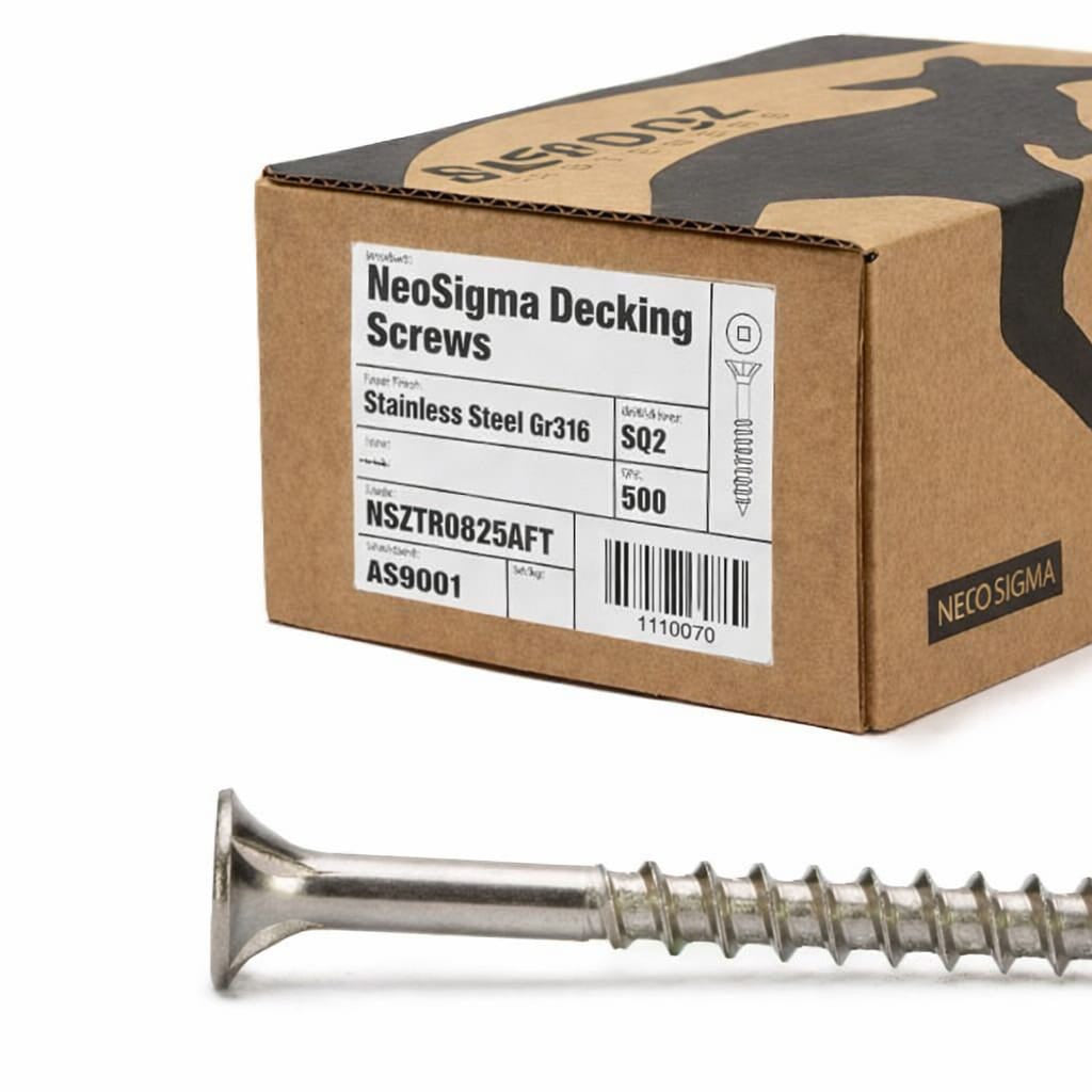 Cardboard box of NeoSigma decking screws with a screw in front on a white background