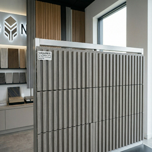 Display of tiles in a showroom with 'Ne' branding.