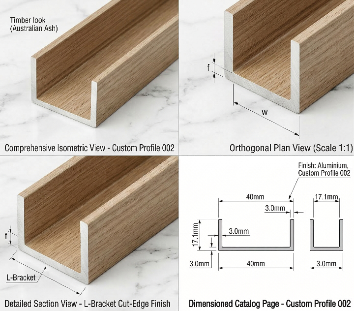 Wooden profile with measurements and details on a marble background