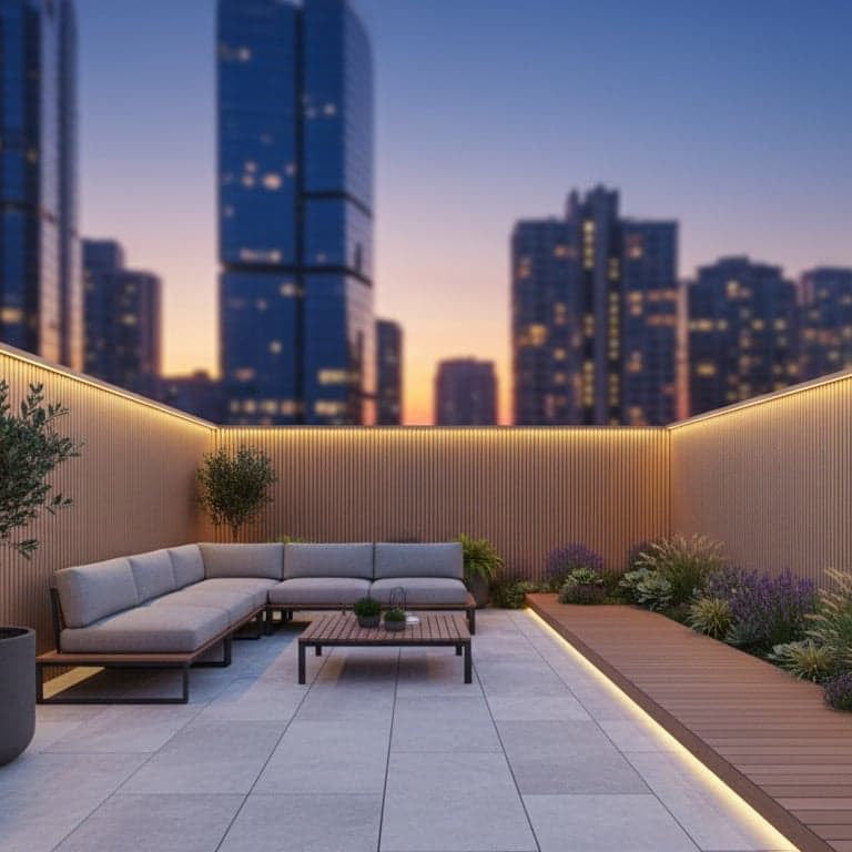 Modern rooftop garden with seating area and city skyline at night