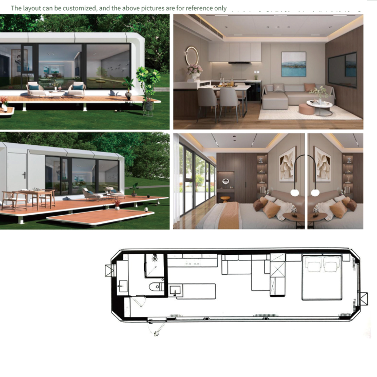 Collage of a modern modular home layout with exterior and interior views.