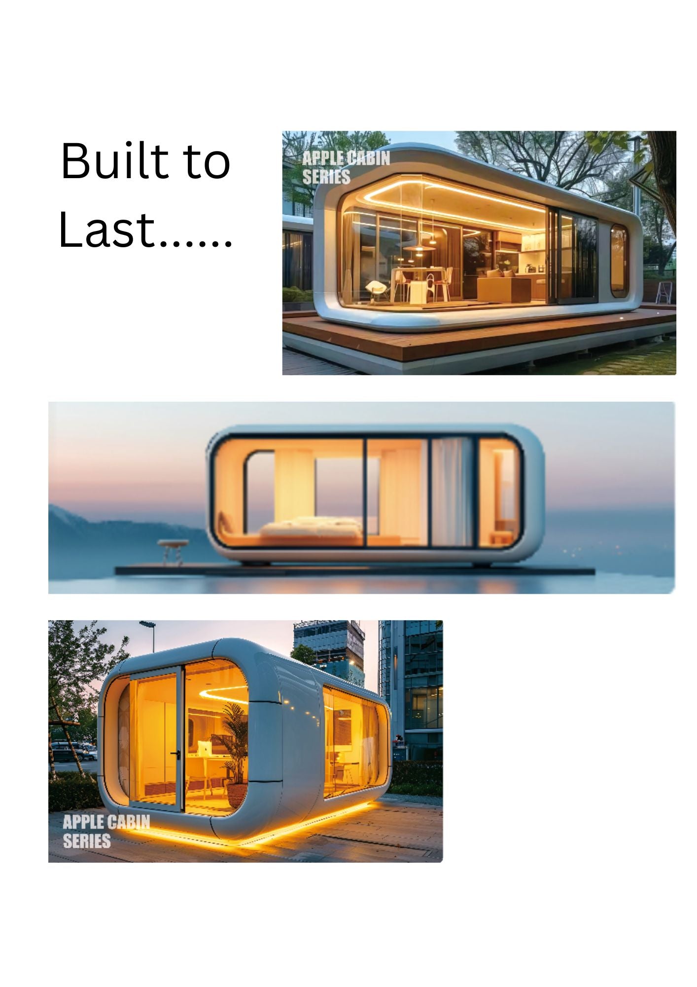 Modern prefabricated cabin with glass walls and 'Apple Cabin Series' branding.