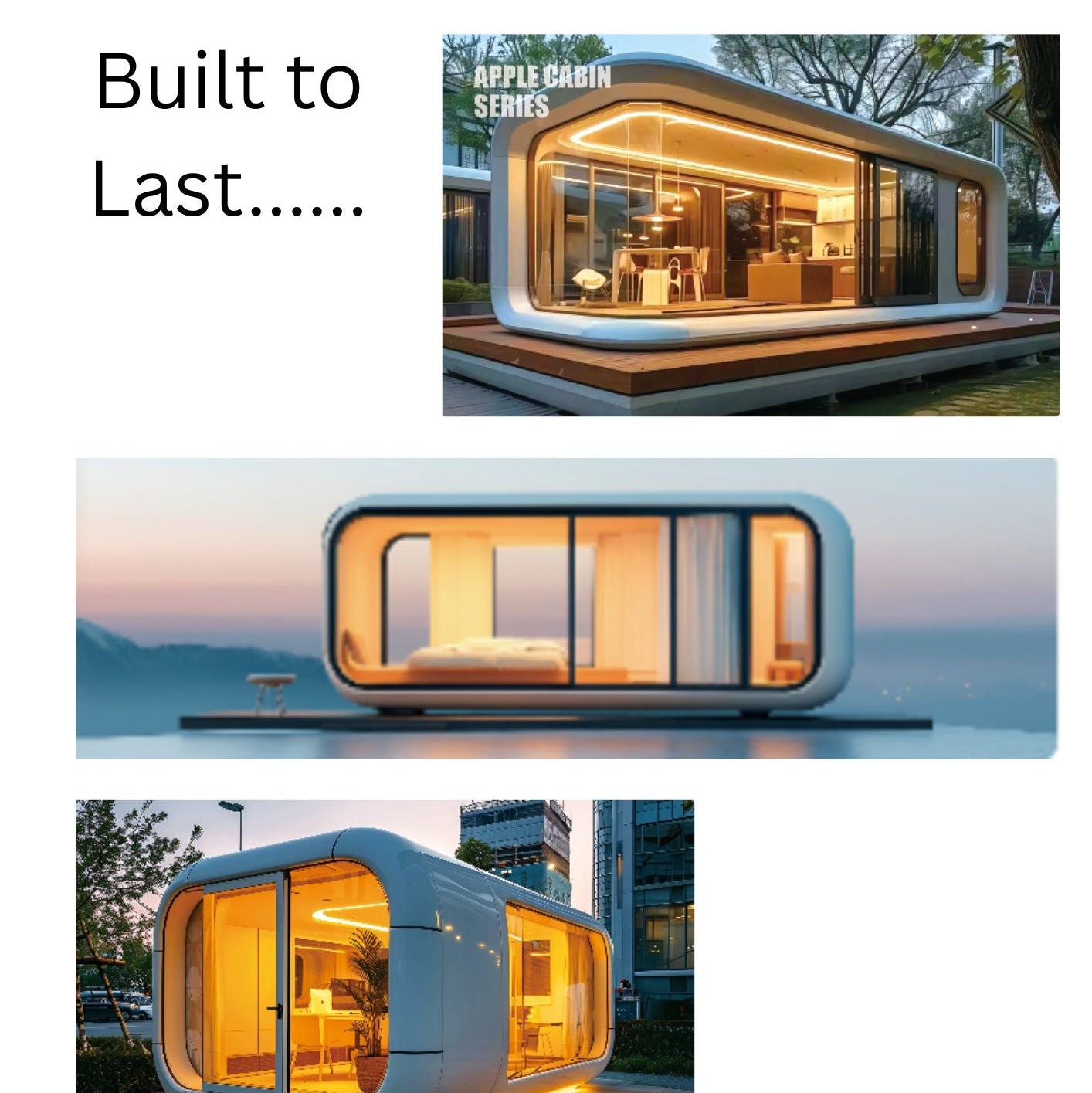 Modern prefabricated cabin with glass walls and 'Apple Cabin Series' branding.