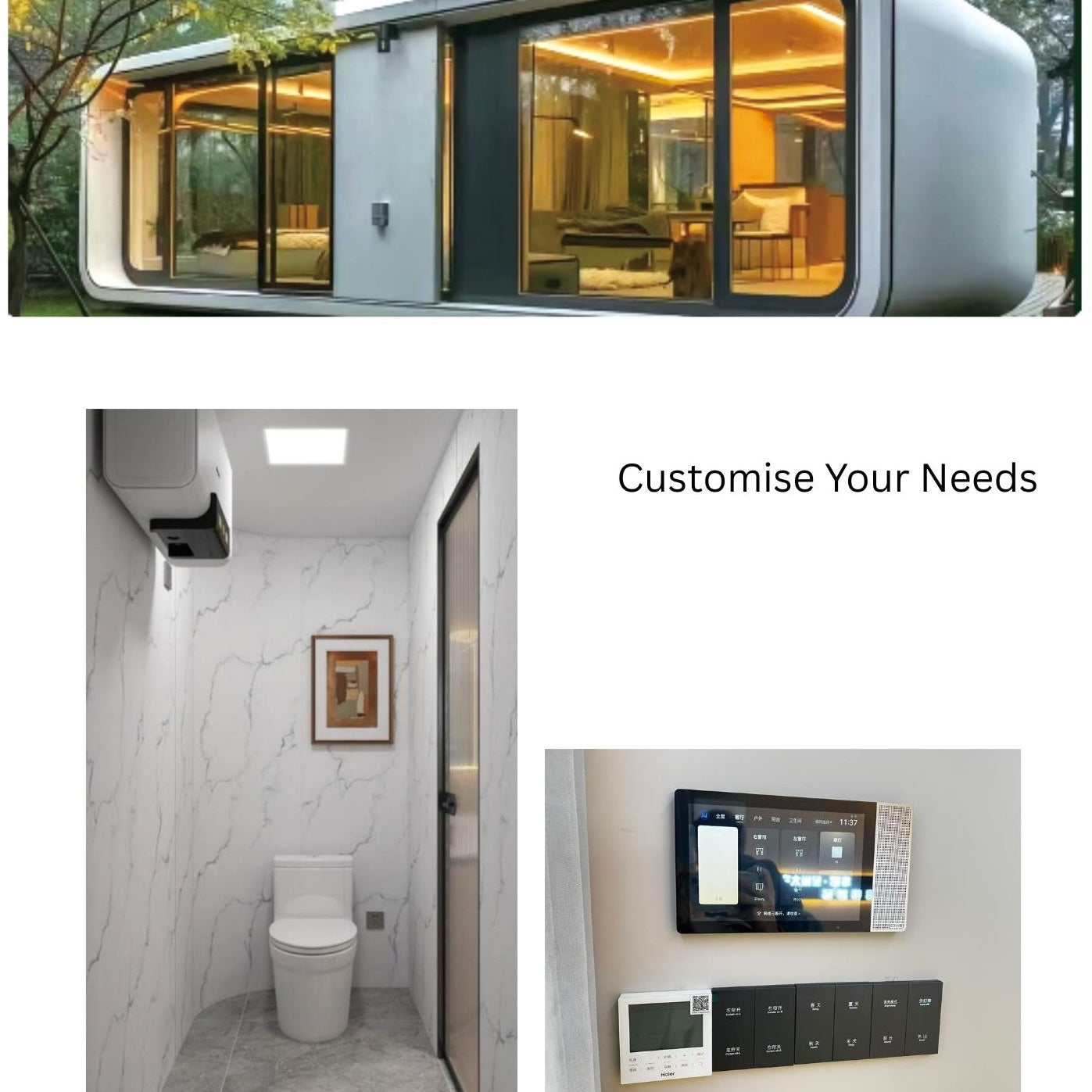Collage of a modern modular home with interior views, a bathroom setup, and control panel.
