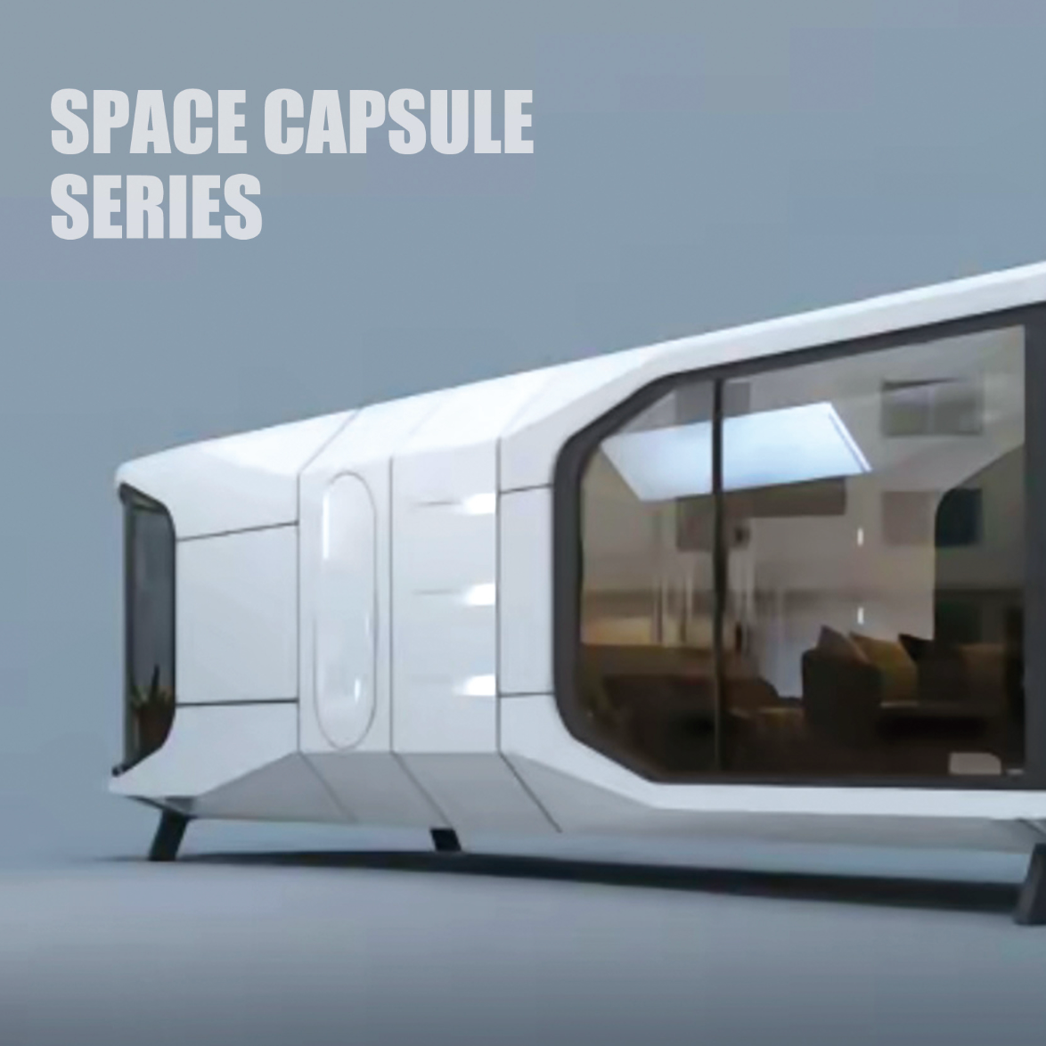 Modern, futuristic living module with large windows on a gray background