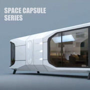Modern, futuristic living module with large windows on a gray background