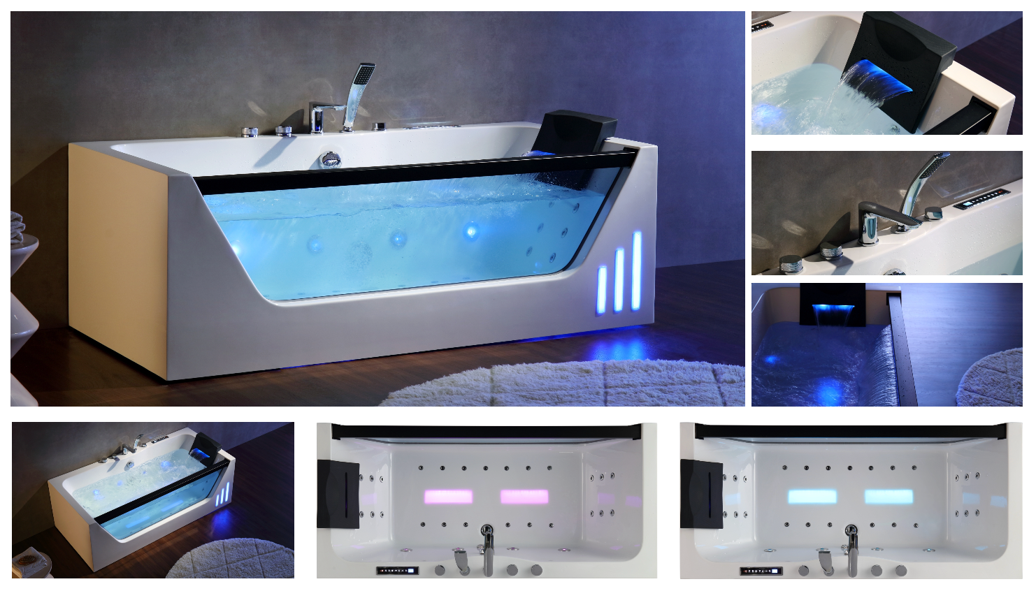 Collage of a modern bathtub with LED lights in a bathroom setting