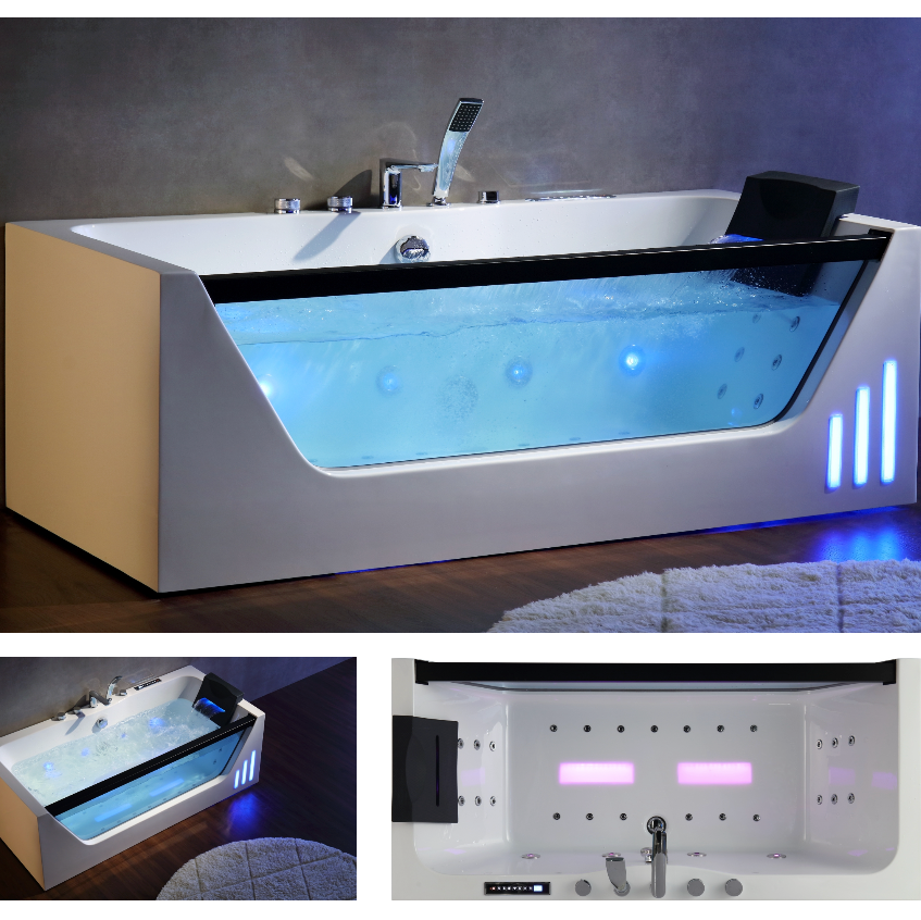 Collage of a modern bathtub with LED lights in a bathroom setting