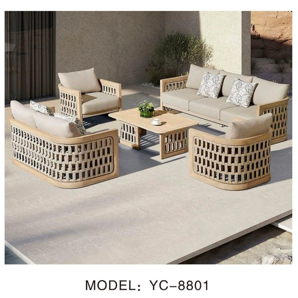Outdoor furniture set with beige sofa, chairs, and coffee table on a patio.