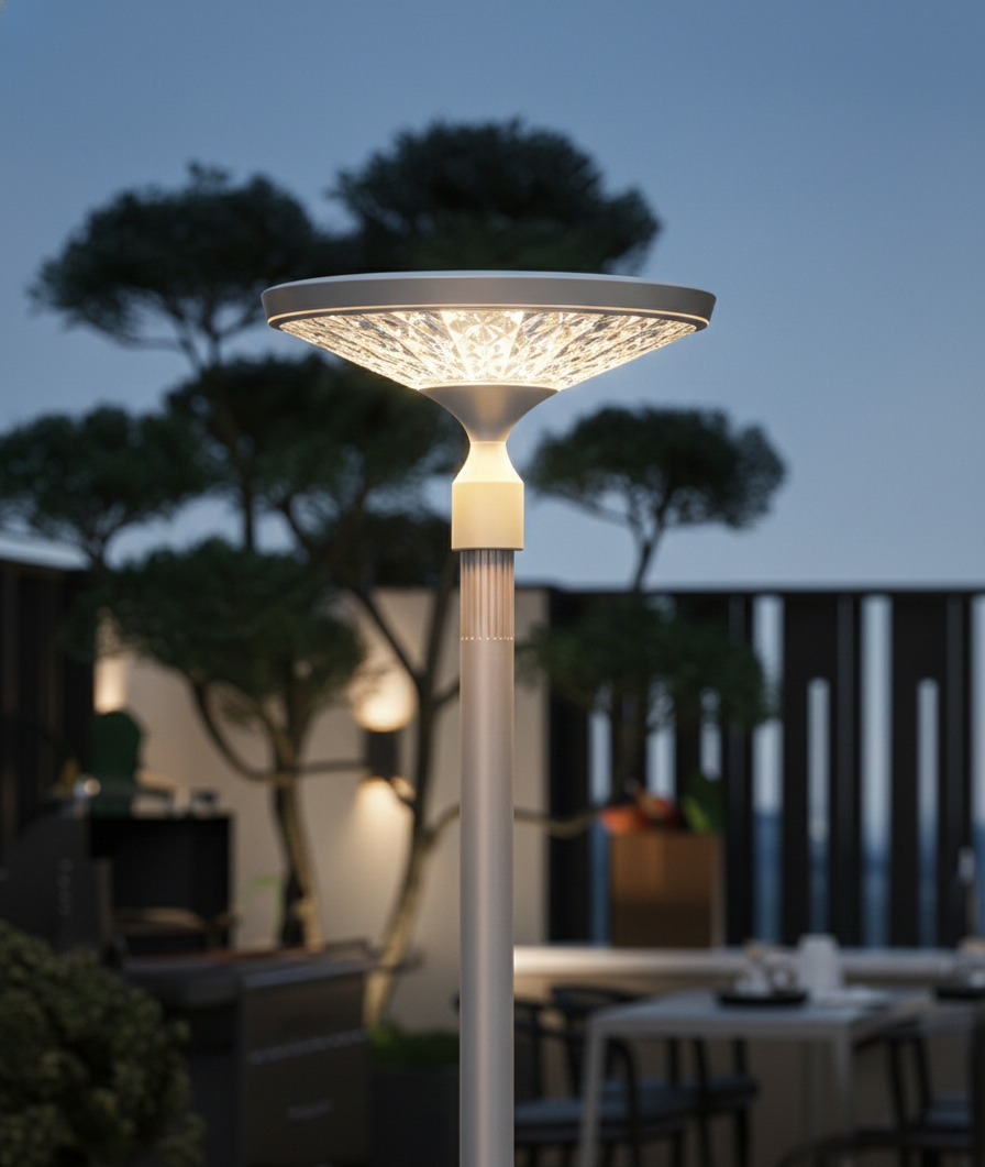 Outdoor lamp post with decorative design in a garden setting