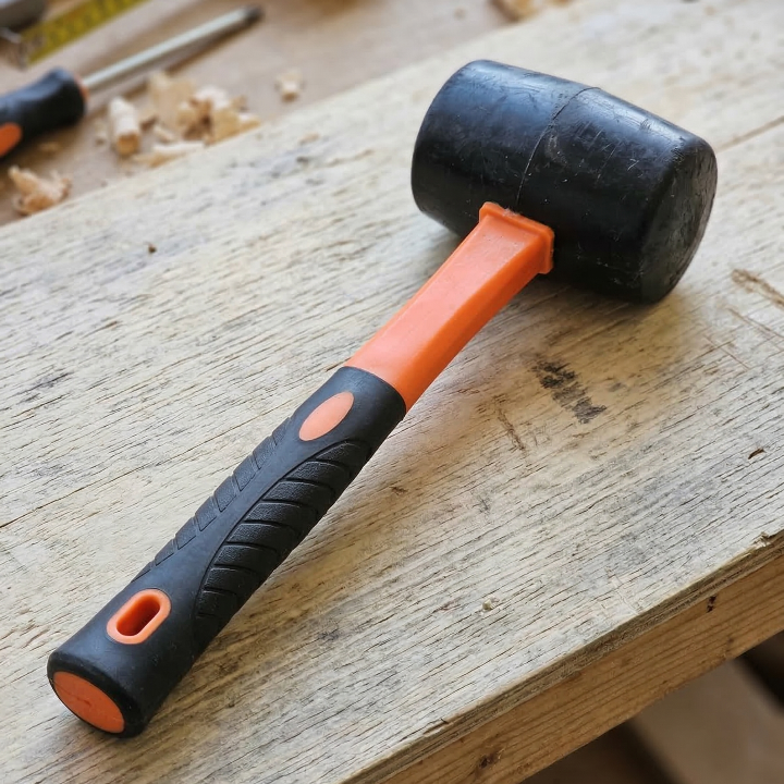 Black and orange rubber mallet on a wooden surface with tools in the background