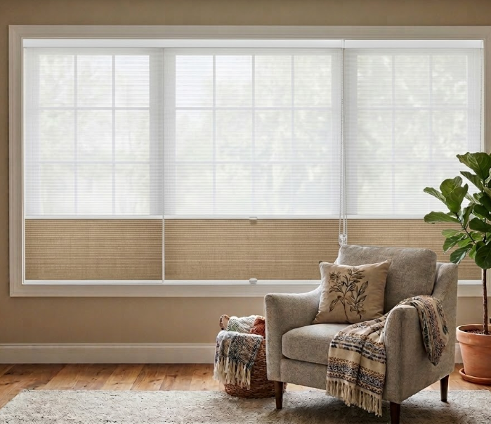 Living room with a window featuring white blinds, a gray armchair with a blanket and pillow, and a plant.