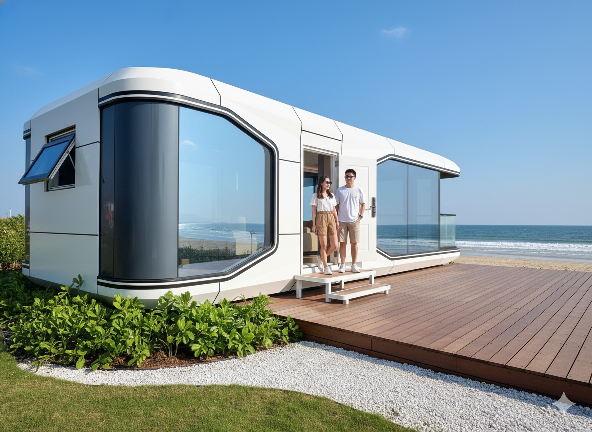 Modern prefab house with a view of the ocean on a sunny day
