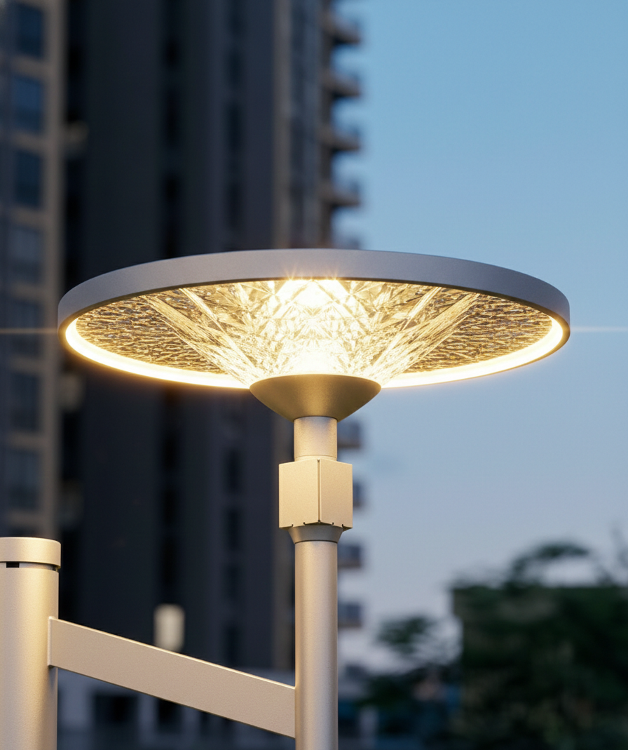 Street lamp with decorative glass shade in an urban setting