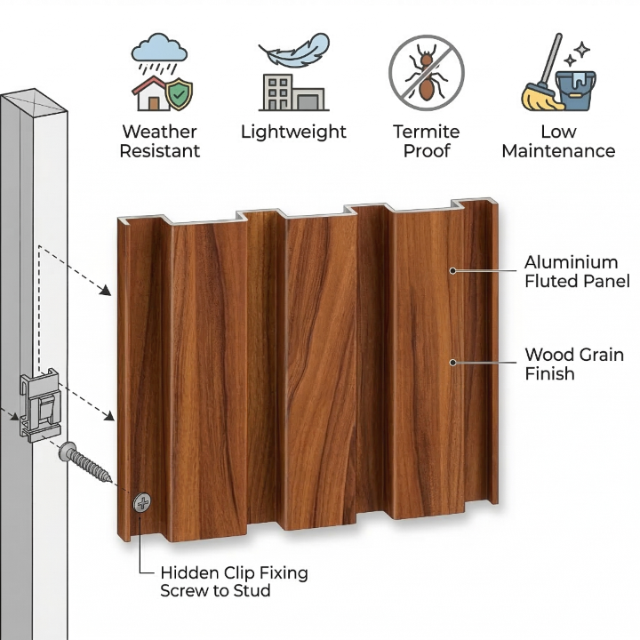 Aluminium fluted panel with wood grain finish, showing features like weather resistance, lightweight, termite proof, low maintenance, and installation details.
