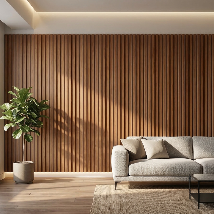 Modern living room with a wooden wall, gray sofa, and a plant.