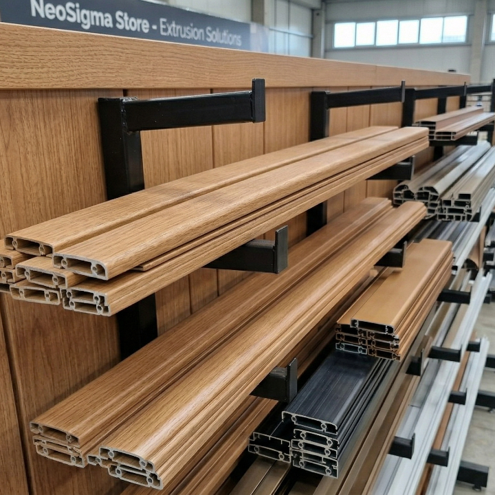 Wooden profiles on a rack in a warehouse setting with 'Neosigma Store' branding.
