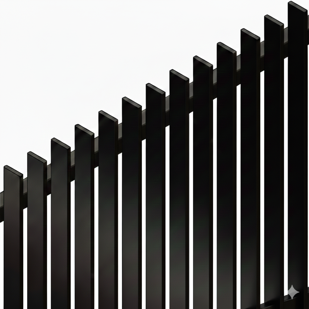 Close-up of a black metal fence with pointed top bars on a white background
