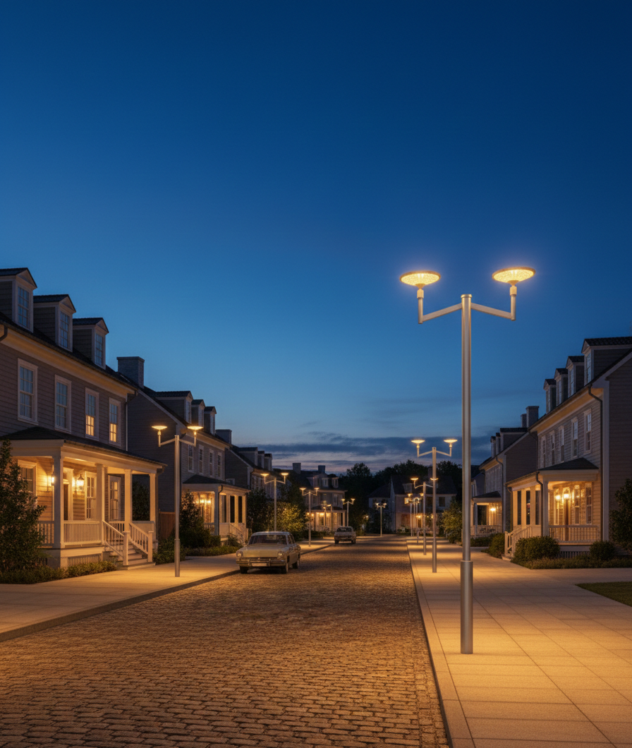 A wide view of a colonial-style residential street at dusk. Modern, warm-glowing street lamps illuminate a cobblestone road flanked by large, traditional two-story houses with lit windows.